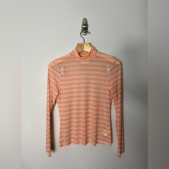Anthropologie Maeve Mesh Long Sleeve Turtleneck Mock Neck Check Pattern 590 - Picture 2 of 9